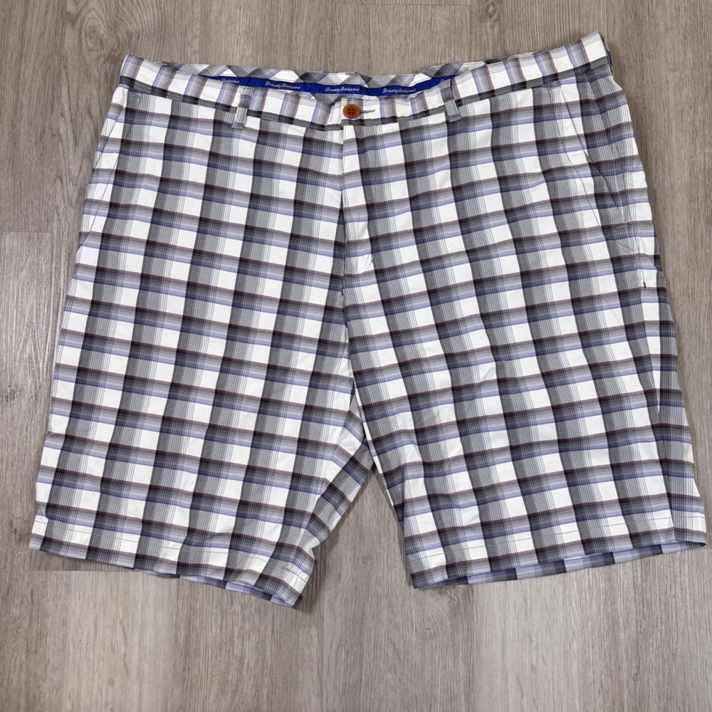 Tommy Bahama Mens Plaid Shorts Size 42 Blue Gray White Nylon Spandex Blend